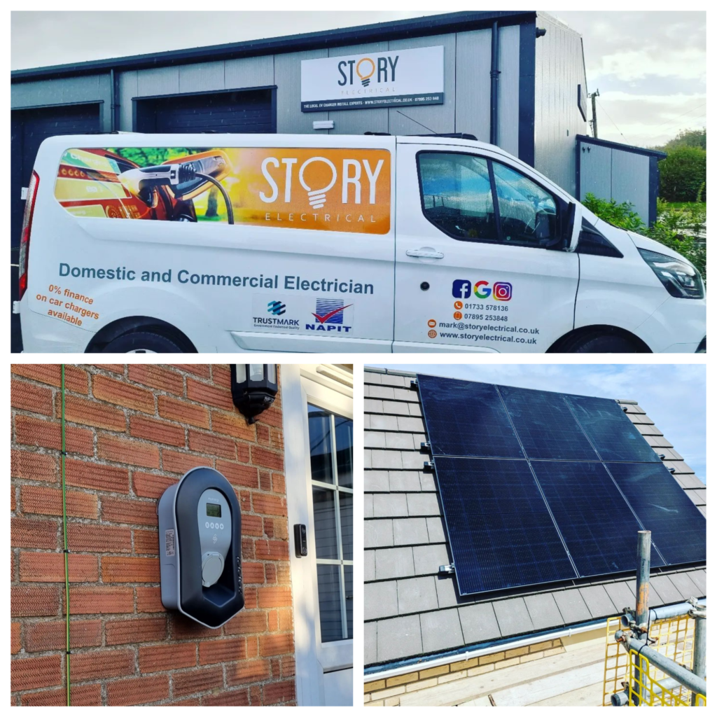 Story Electrical work van, solar panels, and EV charger installation for charging electric car with solar panels